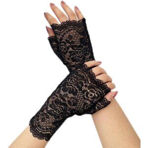 Women's Evening Classic Black Fingerless Floral Short Banquet Lace Gloves